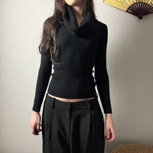 90s vintage guess black minimalist ribbed knit fitted cowl neck sweater top